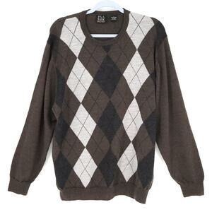 Jos A Bank Sweater Mens Large Merino Wool Black Gray Brown Argyle Pullover Vneck